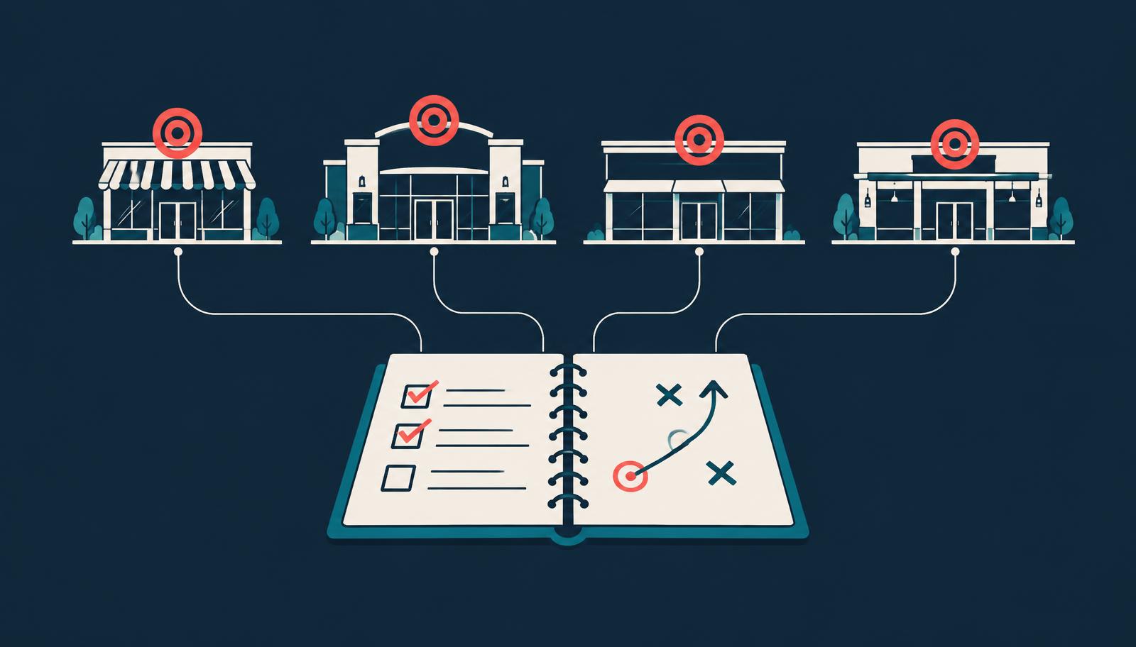 Illustration of four retail stores, each marked as a target account, connected to an open ABM runbook
